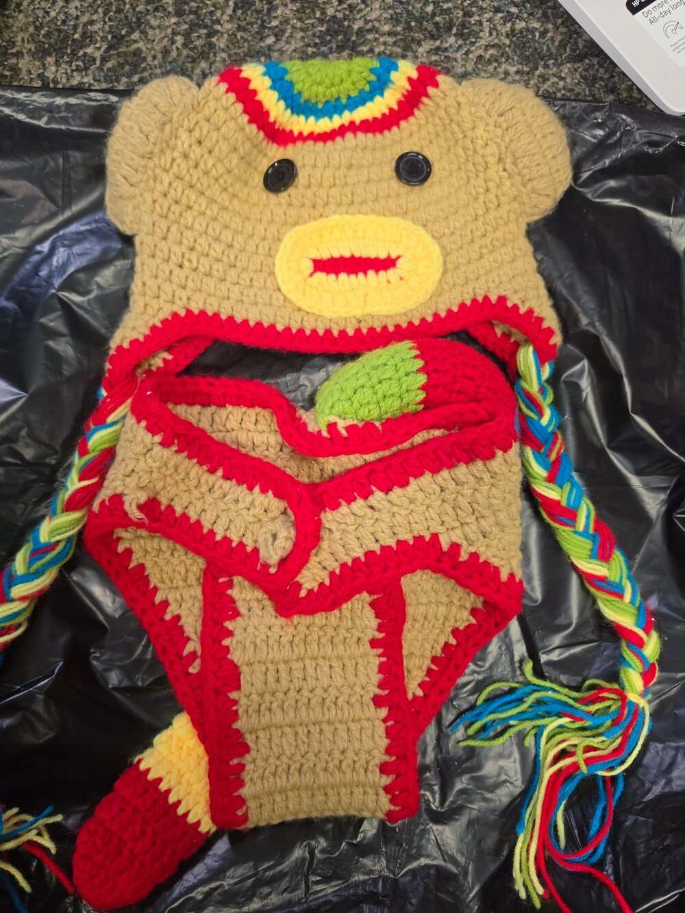 Handmade Crochet Sock Monkey Hat And Diaper Cover Set